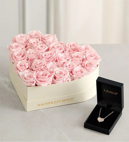 Magnificent Roses Preserved Pink Heart & Necklace