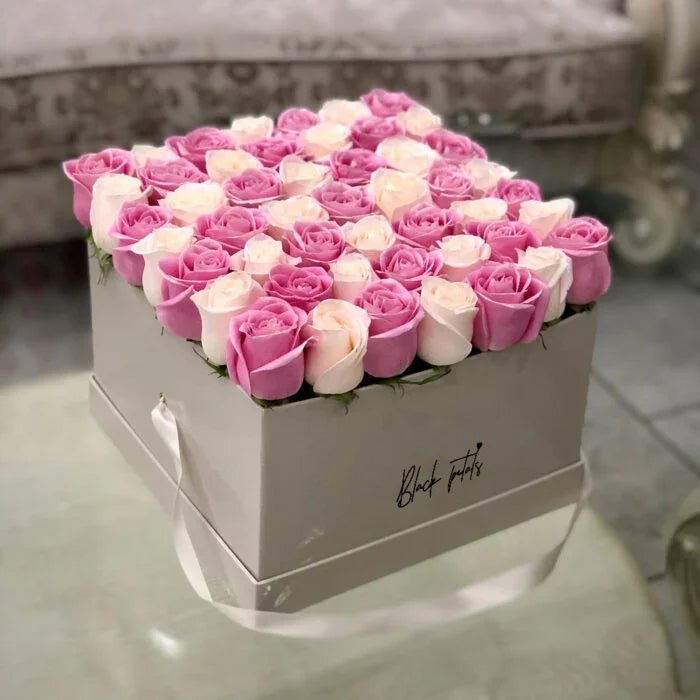 Yelena with Pink and White Roses in Large Square Box