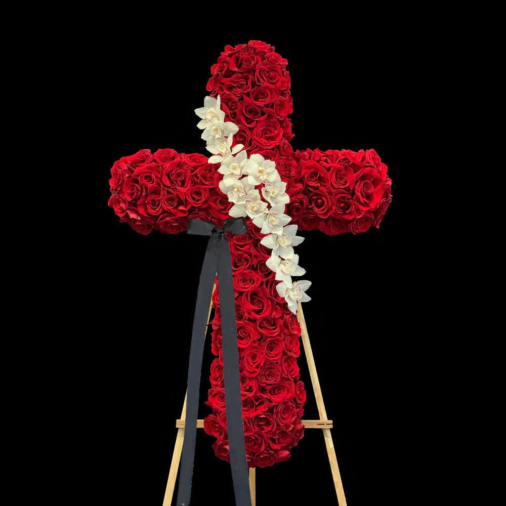 Red Rose & Orchids Standing Cross BP Sympathy
