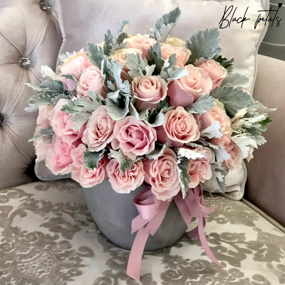 Pink Mondial Roses In A Ceramic Pot