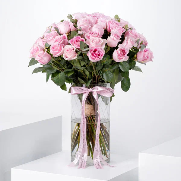 Valentine 50 Pink Roses Vase